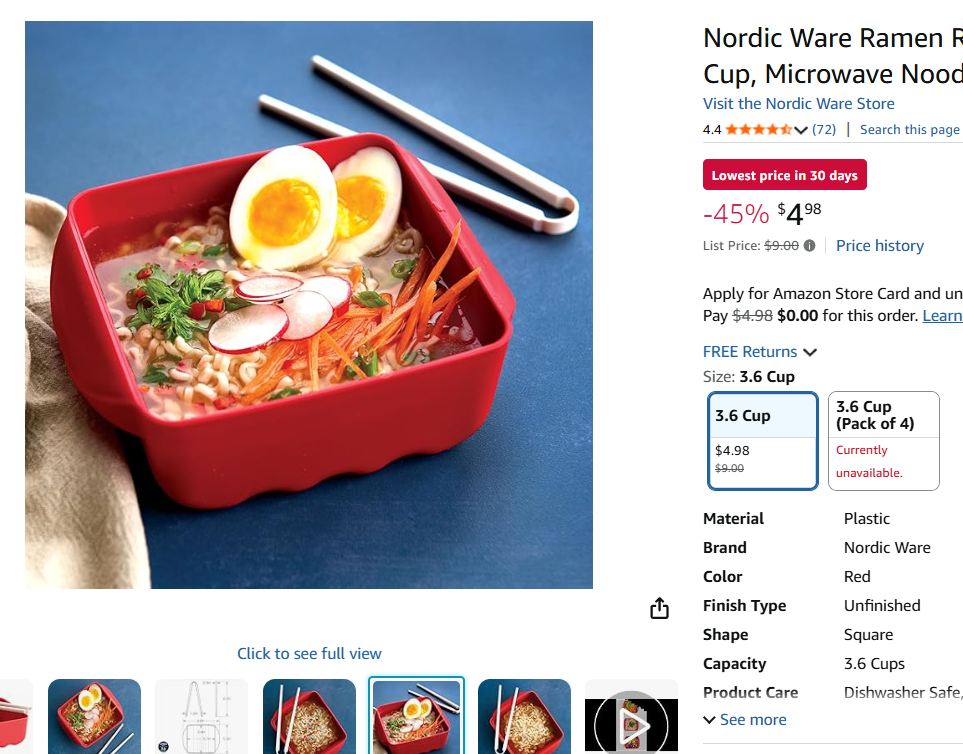 Nordic Ware Ramen Rush Microwave Noodle Cooker with Chopsticks only $4.98. Lowest price it's been. Designed to accommodate the delicious, satisfying, and budget-friendly “instant” ramen noodle soups to ensure your packaged ramen noodles cook evenly  
Click amzn.to/4qVMopV