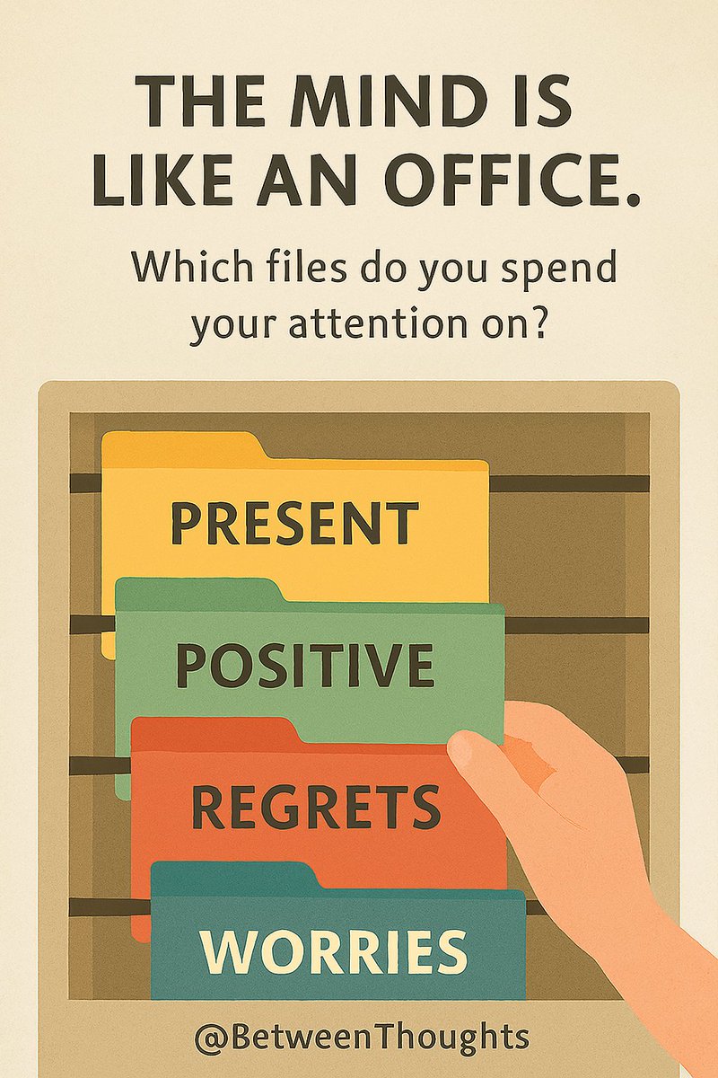 thoughts0916's tweet photo. Your attention is like a filing system. You can choose which mental folders to open—some nourish, others drain. Spend more time with the present and the positive. 🗂️✨

#MindfulAttention #MentalFocus #CognitiveBias #InnerClarity #BetweenThoughts https://t.co/X2nEBtnXmU