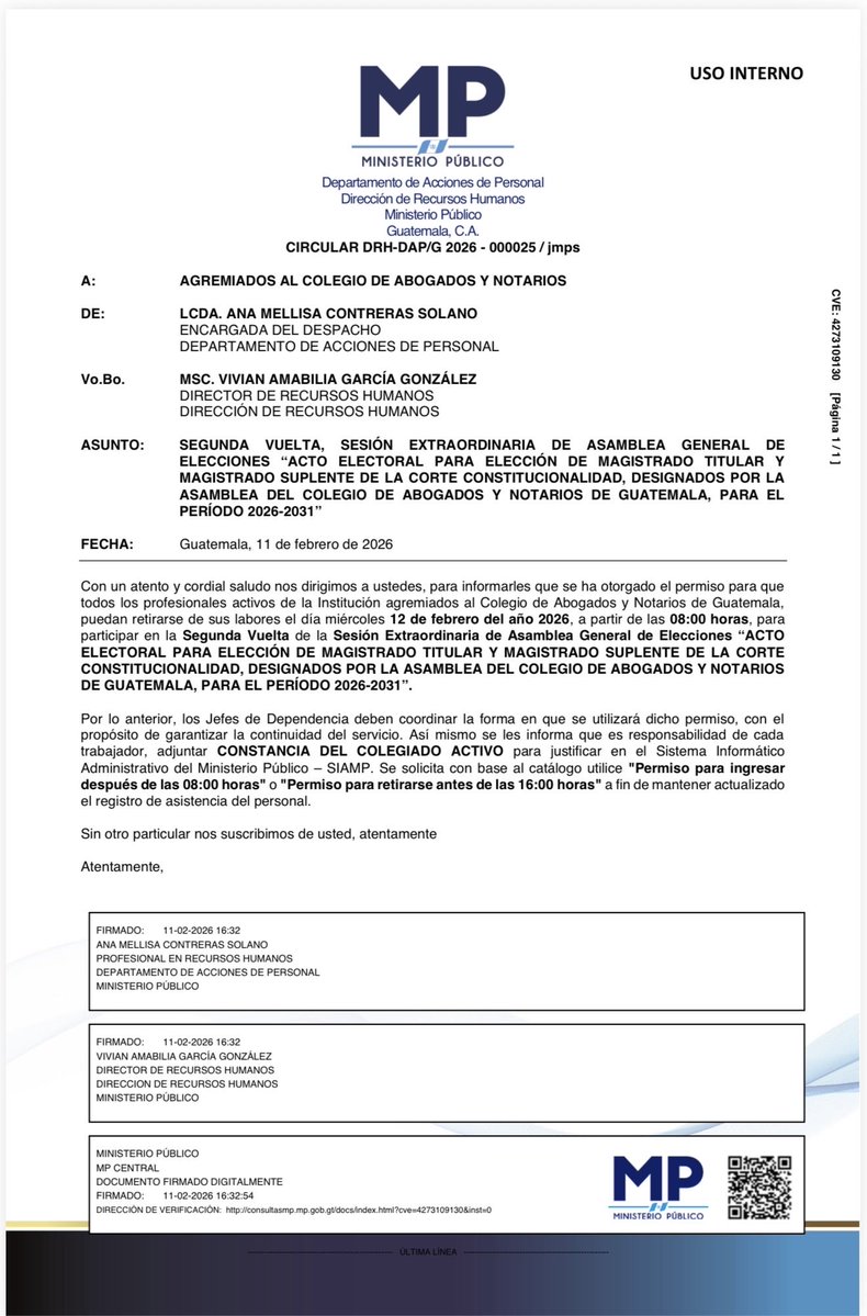 El Ministerio Público utiliza recursos humanos y fondos públicos como incentivo electoral y acompaña esos permisos con mensajes internos para promover y respaldar a Melvin Portillo. No es gestión administrativa ni neutralidad institucional: es propaganda desde el Estado, presión