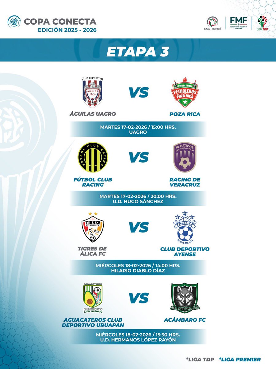 LigaPremier_FMF's tweet photo. 🔥 Etapa 3 de la #CopaConecta 🔥

Solo quedan 8 clubes en la batalla… y 6 son de LIGA PREMIER 💪⚽
Se vienen duelos decisivos rumbo a la gloria. ¿Quién dará el siguiente paso? https://t.co/DIkrBLbn10