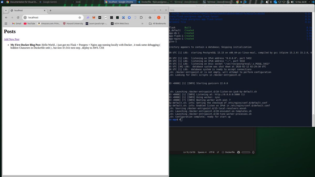 Just followed <a href="/livingdevops/">Akhilesh Mishra</a> AWS Flask+Postgres tutorial — but started local first.

After fighting hidden characters in Dockerfile 😂,
With this guy help <a href="/grok/">Grok</a> 
 restarts, and WSL quirks on my old Dell... IT'S ALIVE locally with Docker Compose.

Flask app + Postgres DB + Nginx