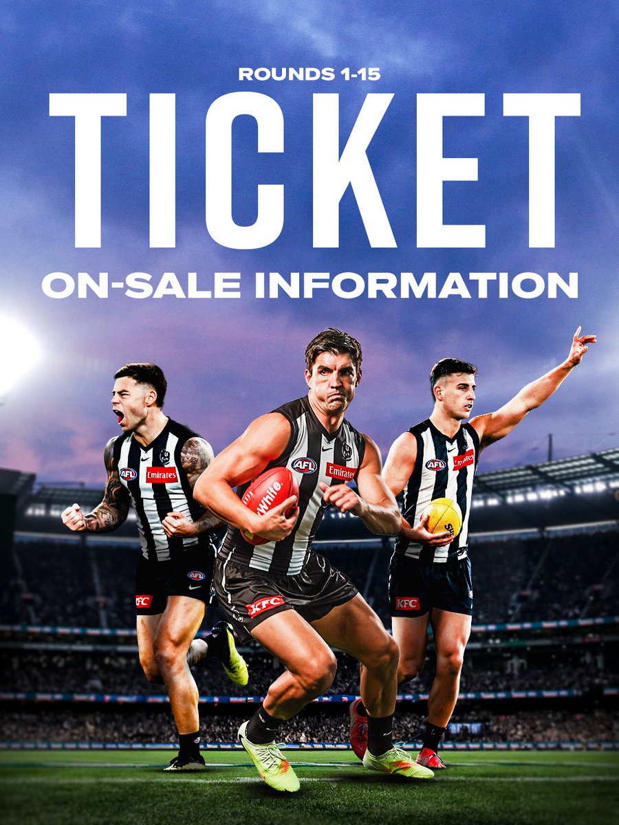 CollingwoodFC's tweet photo. Not long now 👀🎟️

Tickets for Rounds 1-15 are on sale on Tuesday 17 February from 10AM (AEDT) for Club Members and Wednesday 18 February from 10AM (AEDT) for the general public 🙌

More info: https://t.co/SOK8Yp8xzu https://t.co/ZTSOSZrIx9
