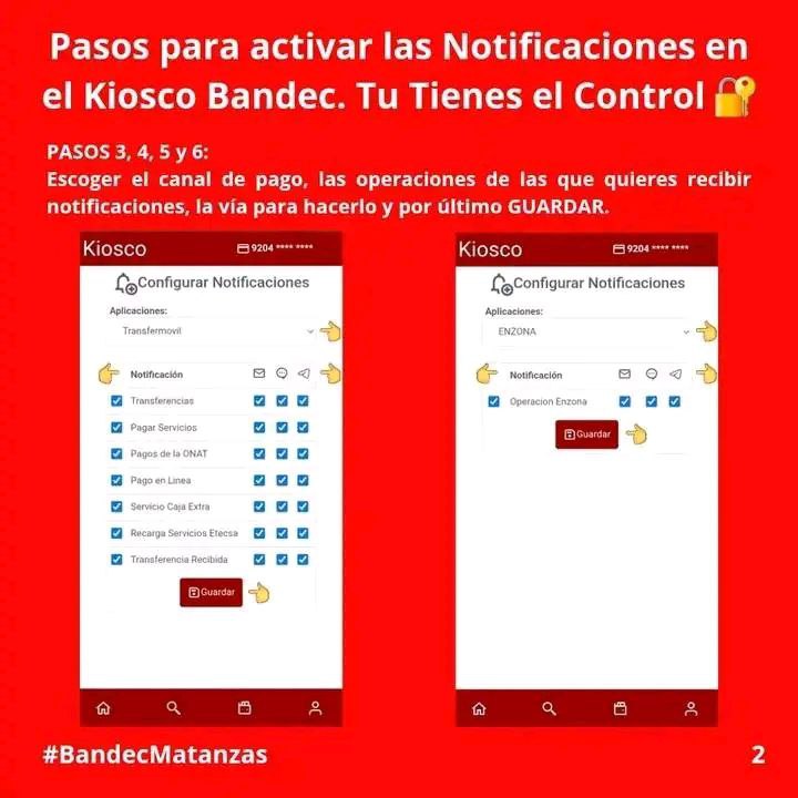 🚨 ¿Sabías que puedes ser el primero en enterarte de cada movimiento de tu 💲💲dinero? 

 ¡Activa las opción 🔔 NOTIFICACIONES en el #KioscoBandec y protege tus operaciones al instante.
 #Bancarización 

Con esta herramienta súper útil recibirás alertas⚠️ inmediatas de: 
⬇️⬇️