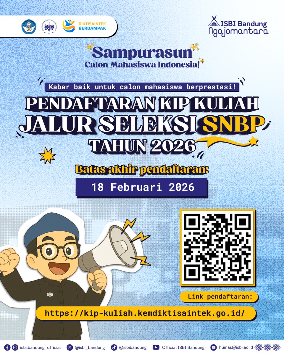 Pendaftaran KIP Kuliah Jalur Seleksi SNBP Tahun 2026 Telah Dibuka! 

isbi.ac.id/pendaftaran-ki…

Yuk raih masa depan cerahmu bersama KIP Kuliah! ✨📷
Salam Seni dan Budaya!

#ISBIBandung #KIPKuliah2026
#CentreofCreativity #DiktisaintekBerdampak