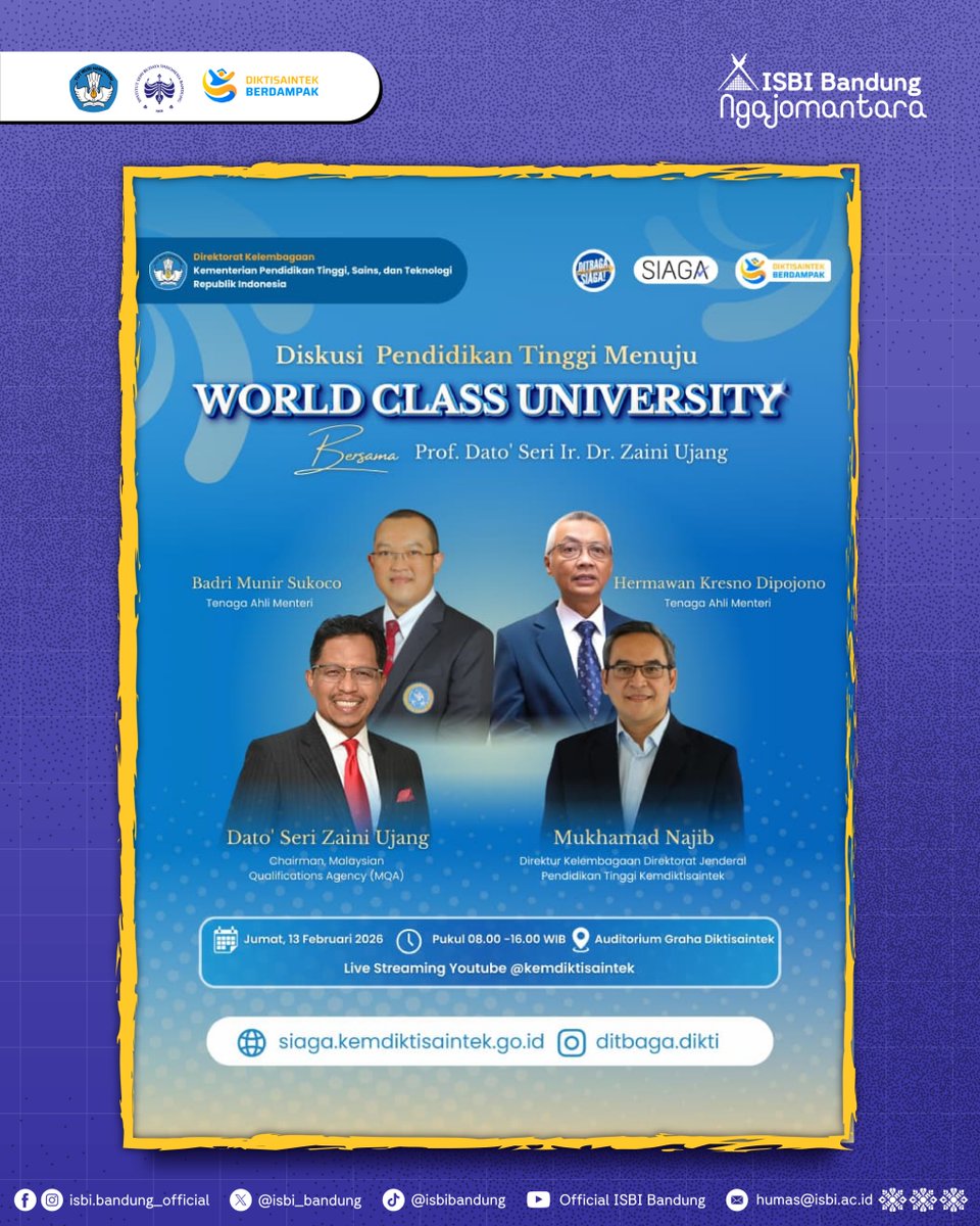 Direktorat Kelembagaan Kemdiktisaintek Menyelenggarakan Diskusi Pendidikan Tinggi Menuju World Class University

isbi.ac.id/direktorat-kel…

Salam Seni dan Budaya!

#WorlClassUniversity #KampusBerdampak
#Ditbaga #DitjenDikti #DiktisaintekBerdampak