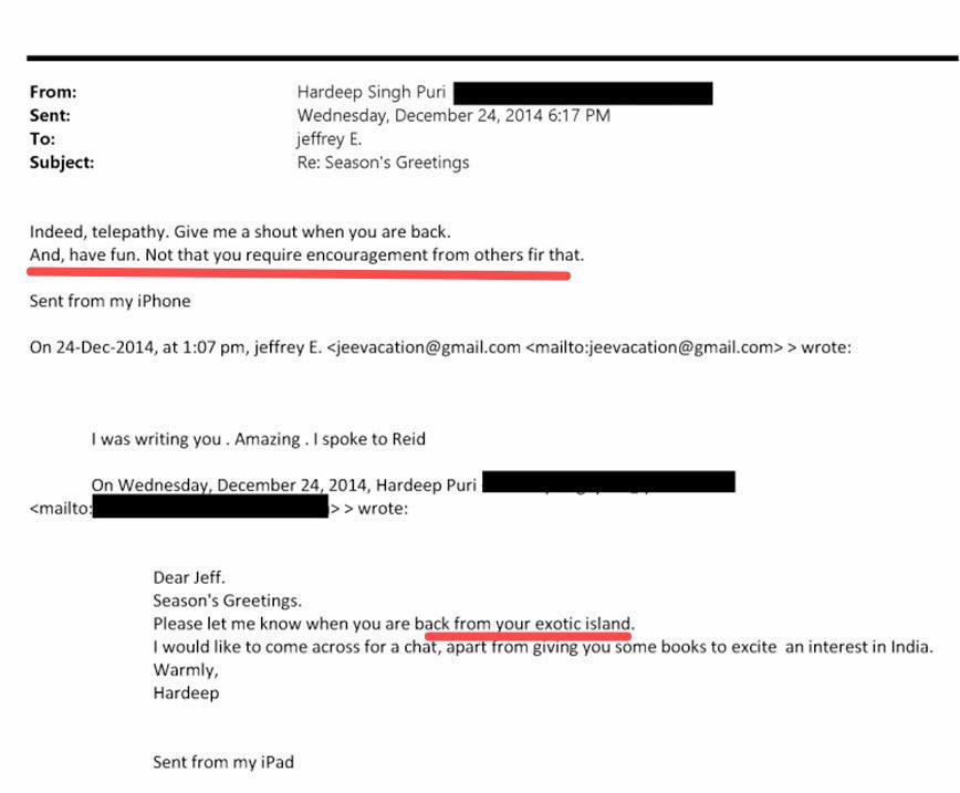 LavanyaBallal's tweet photo. Underage women ? Someone pls tell this old man that they are called minor girls, teens ,and pre-teens. In India it's puniable offence under POCSO.

Look at how casually @HardeepSPuri dismissed  his interactions with a convicted pedophile who was jailed by the US courts.
The mails make it clear- a bunch of  old creepy men like Puri, woody Allen, Ito met #Epstein

He addresses #Epstein as "Dear Jeff" does it sound professional?
Does  " exotic island" sound professional ? What did Puri think happened on the exotic island? - monkeys dancing? Pigs flying?