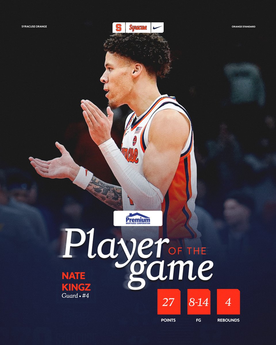 Nate Kingz scored a game-high 27 points to earn Premium Mortgage Player of the Game honors in the Orange's 2OT win over Cal.