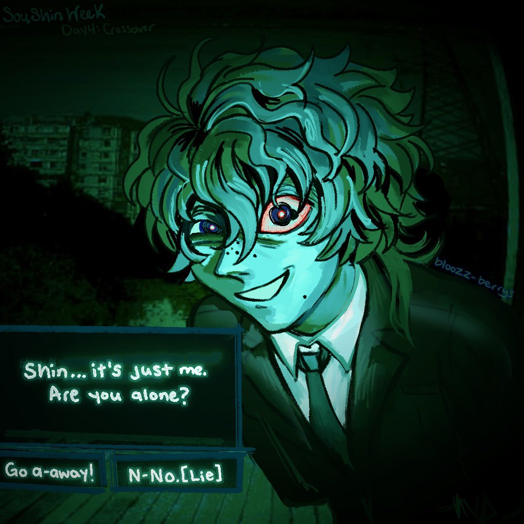 Soushin Week
[2/11] Day 4: Crossover

((Pay attention to the signs….))
#soushin #soushinweek #yttd #ninah #noimnotahumanfanart
