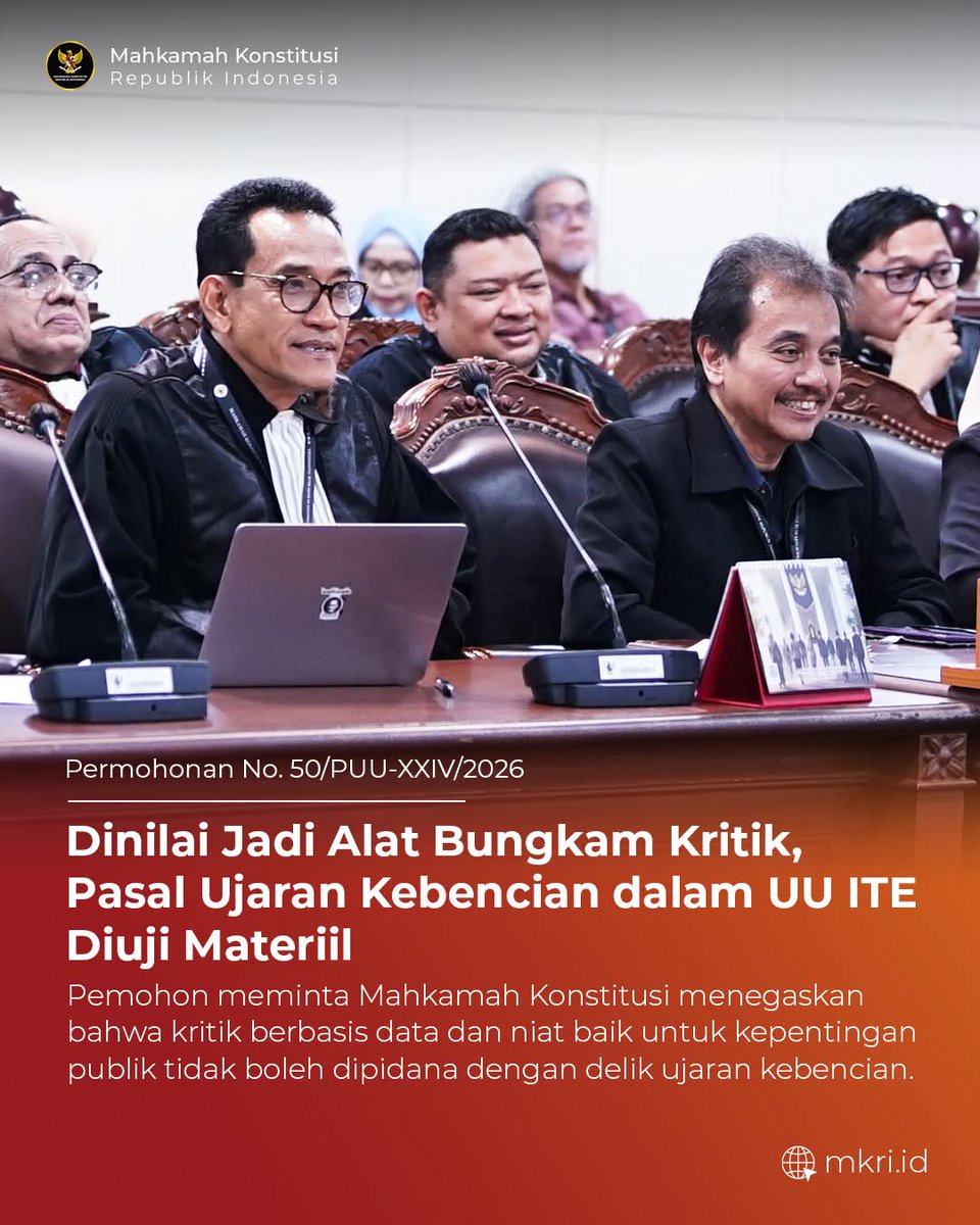 PASAL UJARAN KEBENCIAN DALAM UU ITE DI UJI MATERIL...

PERMOHONAN MEMINTA MK MENEGASKAN BAHWA KRITIK BERBASIS DATA DAN NIAT BAIK UNTUK KEPENTINGAN PUBLIK TIDAK BOLEH DIPIDANA DENGAN DELIK UJARAN KEBENCIAN....‼️

#JokowiPenjualAsetNegara
#JokowiPenjualAsetNegara
🆘🆗
