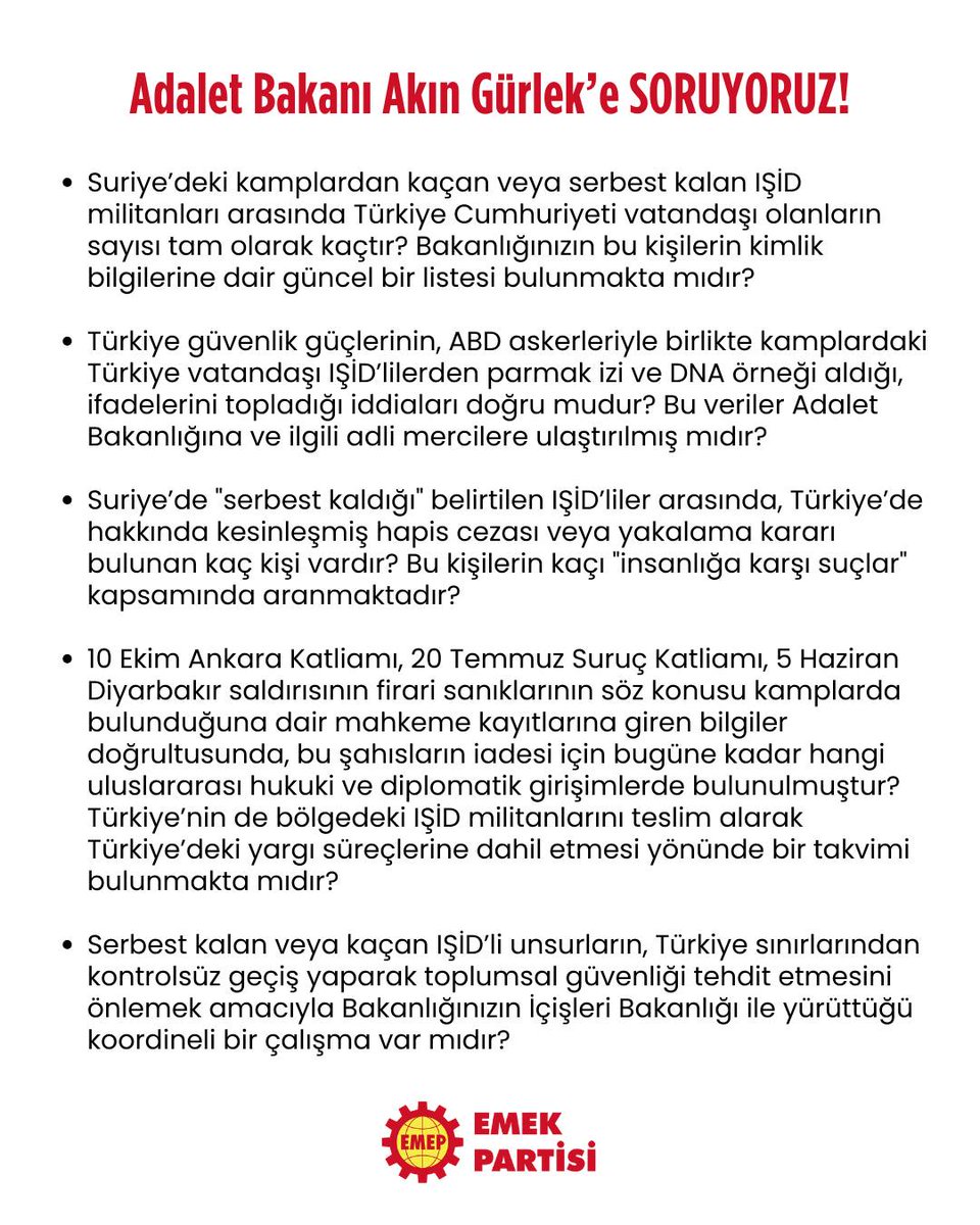 HTŞ geçtiğimiz ay IŞİD’lilerin tutulduğu kampları basarak IŞİD militanlarını serbest bıraktı. 

2 binden fazla TC vatandaşı IŞİD militanının Suriye’de olduğu söyleniyor. 

Diyarbakır, Suruç ve Ankara Gar katliamının da failleri bunlar arasında. 

IŞİD’li barbarların bir kısmı