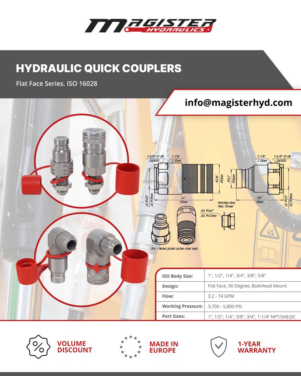 Magisterhyd's tweet photo. 🔧 Flat Face Hydraulic Quick Couplers – clean, leak-free &amp; built for heavy-duty equipment. Options: sets, female, male, 90°, bulkhead. Fast connect &amp; disconnect.
https://t.co/FLy9BrnAWm
📧: info@magisterhyd.com
📞: 1 (973) 344-5313
#MagisterHydraulics #hydraulics #cylinders https://t.co/Qg1hrtb18m