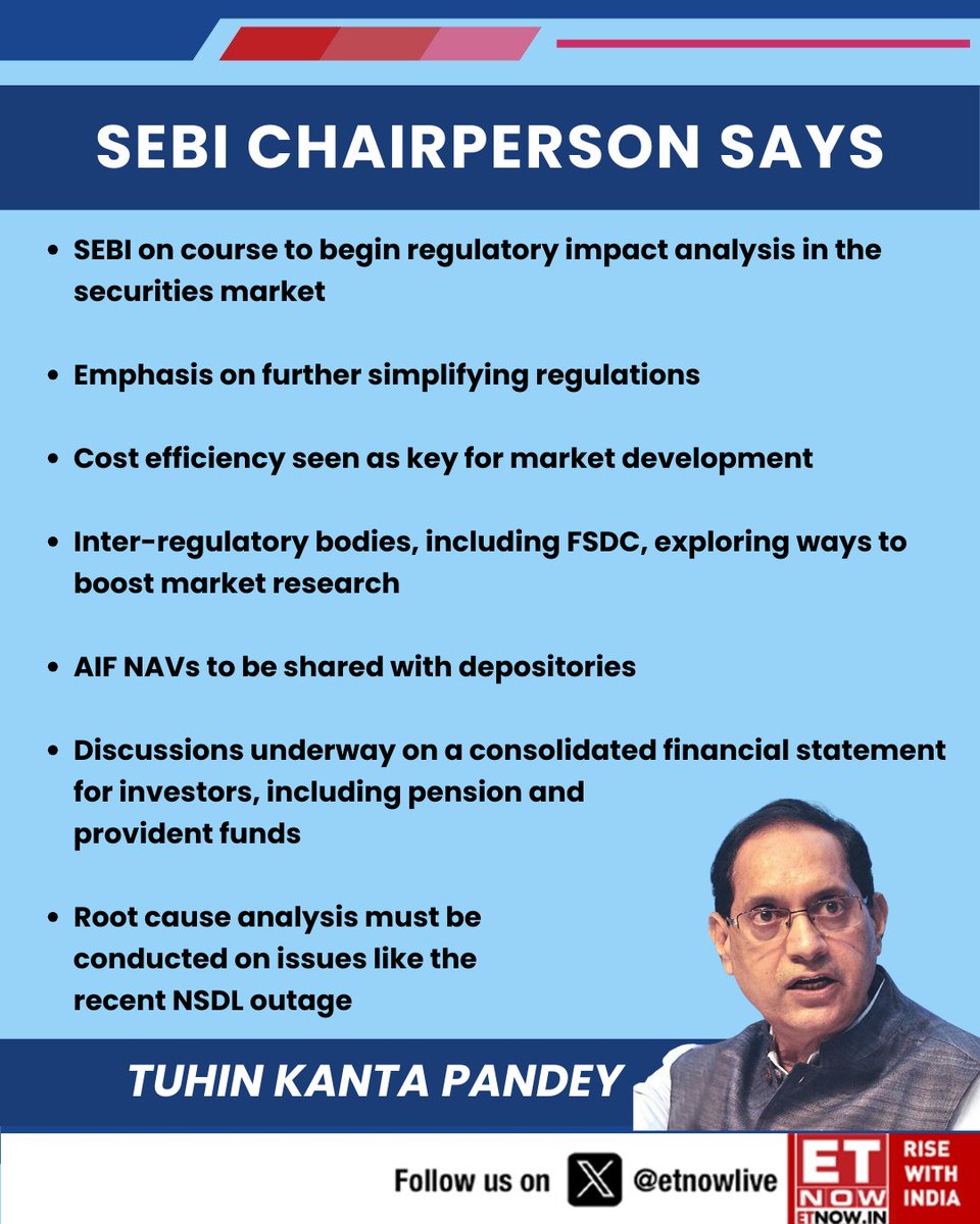 ETNOWlive's tweet image. SEBI Chairperson says that SEBI on course to begin regulatory impact analysis in the securities market

#SEBI #Securities #Pensions #ProvidentFund #FSDC @anujosh_aj @SEBI_updates