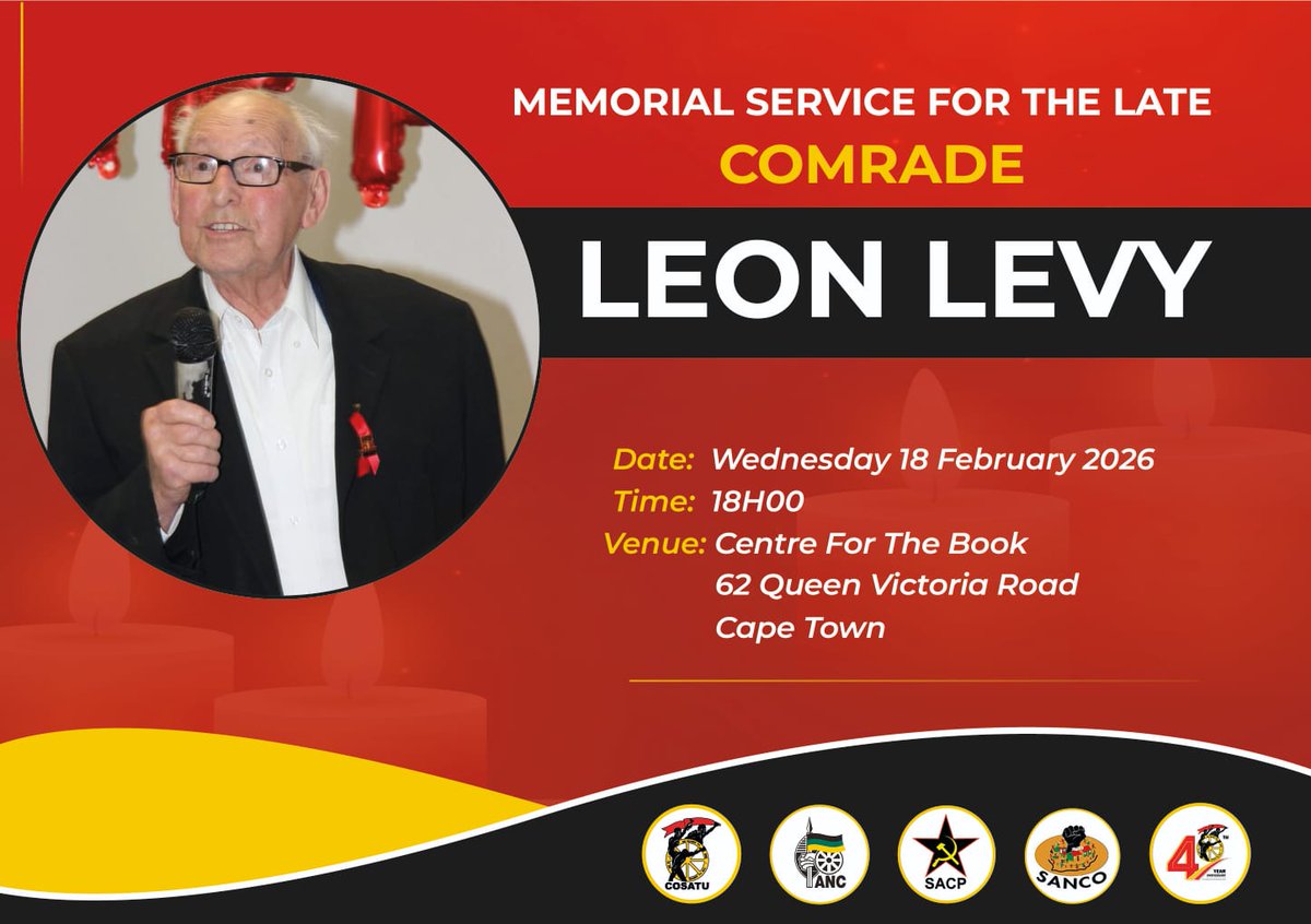 _cosatu's tweet photo. Workers and working-class communities are urged to participate in the celebrations of the life and times of the late former founding president of #SACTU, Comrade Leon Levy on the 18th February in Cape Town @MorningLiveSABC @ewnreporter @POWER987News @SABCNews #HambaKahleLeonLevy https://t.co/vykwgnMO9h