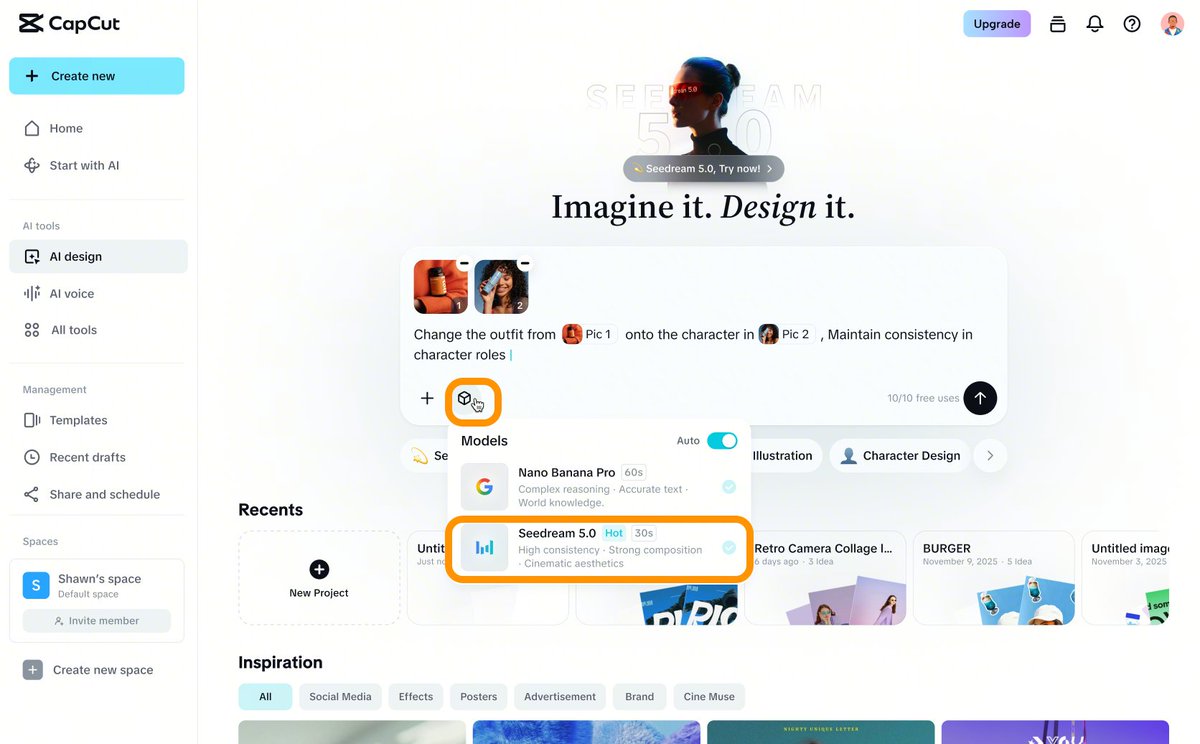 🆕 最新リリースのAIモデル「Seedream 5.0」登場

新たに発表した最先端画像生成AI「Seedream 5.0」が、CapCutに実装されました。✨ 注目は、対話するだけで画像デザインができる「AI Design」。

アイデアを言葉で伝えるだけで、構成からビジュアルまで自動生成する！