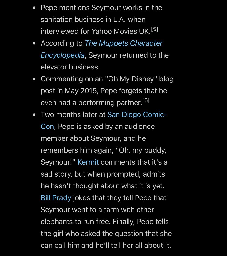 Alas, poor Seymour. A Muppet with multiple conflicting fates. His status is unknown.