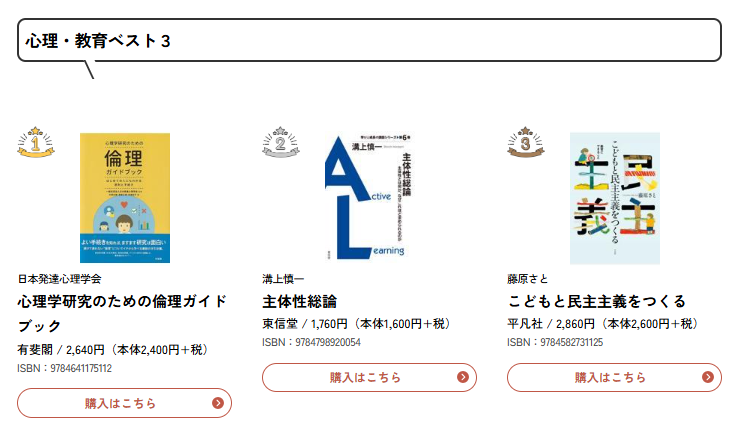 kagubook2F's tweet photo. 【全国大学生協「心理・教育」1月のベストセラー】

『心理学研究のための倫理ガイドブック』（有斐閣）
『主体性総論』（東信堂）
『こどもと民主主義をつくる』（平凡社）

https://t.co/l9eCav9wdT https://t.co/Hhp0N1IriD
