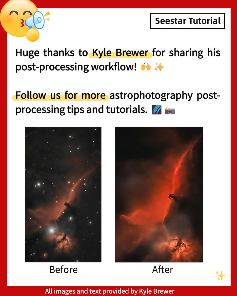 Seestar_astro's tweet photo. Tutorial Time! Horsehead Nebula Post-Processing — Quick Siril Guide 🐎🌌
Huge thanks to Kyle Brewer for sharing his post-processing workflow!
Have you ever captured the Horsehead Nebula?
Follow us for more
#Astrophotography #HorseheadNebula #Siril #Seestar #SeestarTutorial https://t.co/vNttG00xyJ