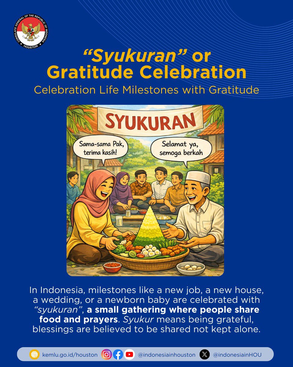 What Indonesian everyday life or traditions are you familiar with? Share with us!

#IniDiplomasi #IndonesianWay #IndonesianInHouston #KJRIHouston #Indonesia101 #IndonesianCulture #CulturalTips #VisitIndonesia #LearnIndonesia #SocialEtiquette #IndonesianDailyLife
