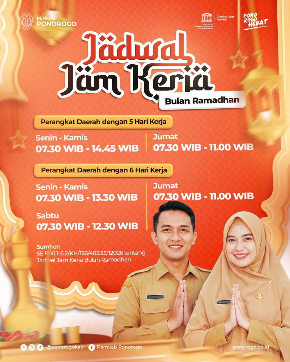Halo #dulurPonorogo 👋

Selama Bulan Ramadhan 2026, akan ada penyesuaian jam kerja SKPD (Satuan Kerja Perangkat Daerah) di Lingkungan Pemerintah Kabupaten Ponorogo ya!
Semoga dengan penyesuaian ini, pelayanan kepada masyarakat tetap optimal dan ibadah Ramadhan pun semakin khusyuk