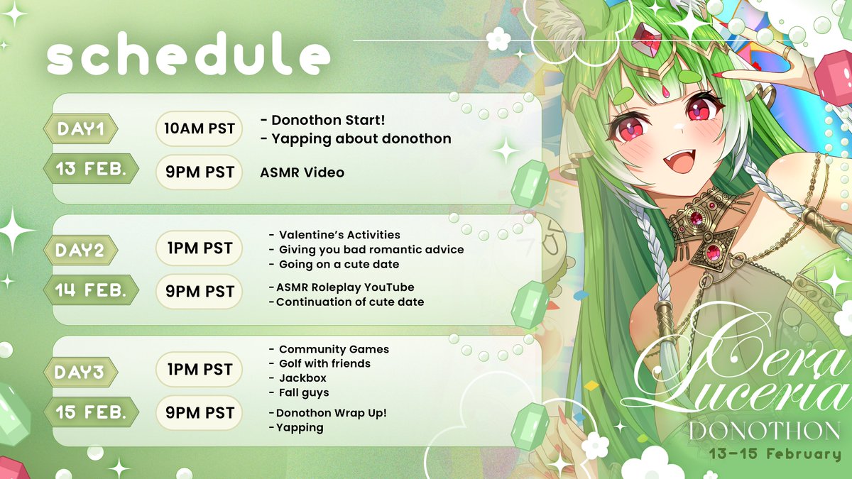 💃DONOTHON🧃
[Feb 13 - 15]

After delaying this donothon for a whole ENTIRE YEAR, Cera Luceria finally presents her first ever donothon...!!

💚Please see below for more info💚

Donothon Graphics &amp; Thumbnail: <a href="/himonarune/">monarune</a> 
Artwork: <a href="/sae_atelier/">𝚂𝙰𝙴| COMMISSIONS OPEN</a> <a href="/SuNa_art_666/">SuNa</a>