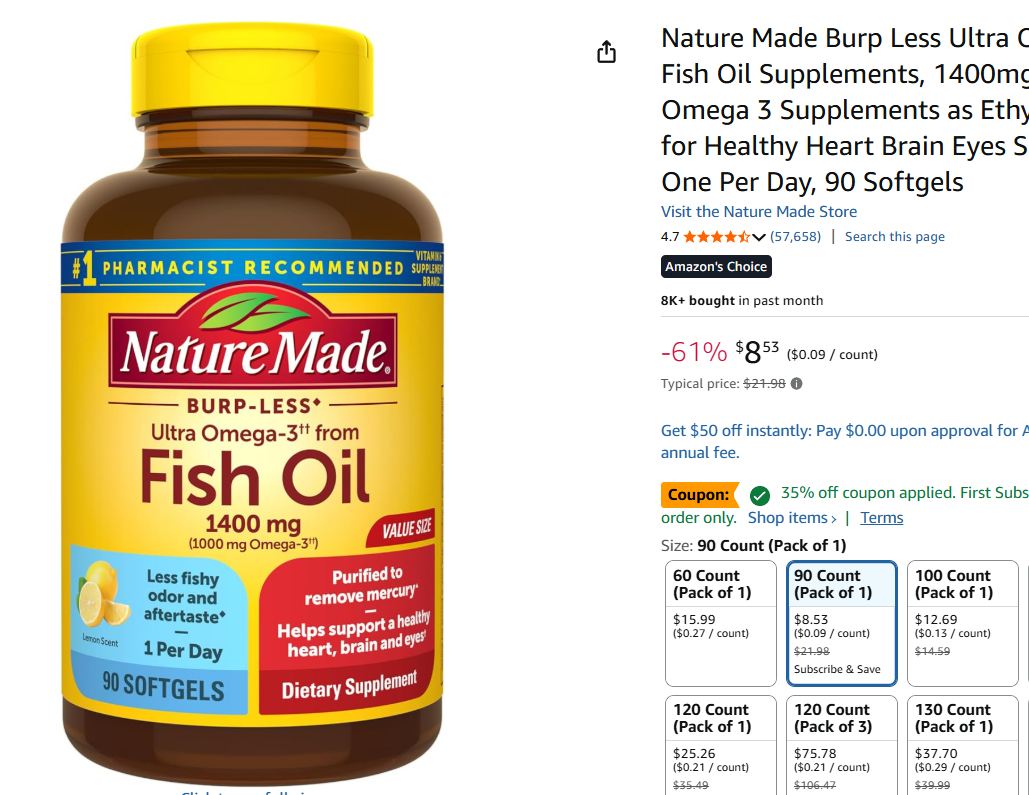 90ct Nature Made Burp Less Ultra Omega 3 Fish Oil Supplements only $5.39 or $4.49
1. Click amzn.to/4bKvCVX
2. Clip the coupon under the price
3. Do a subscribe &amp; Save order to get the lower price
.