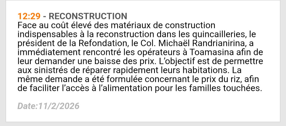 DagoNewsreader's tweet image. Alors, les businesses de Tamatave, eux aussi victimes, sont appelés à supporter une bonne partie des coûts de reconstruction de leur ville ?

Ou bien cet article n'est pas clair ou l'engagement de l'Etat est flou. 

Ou simplement l'Etat n'a pas les sous...1/3
