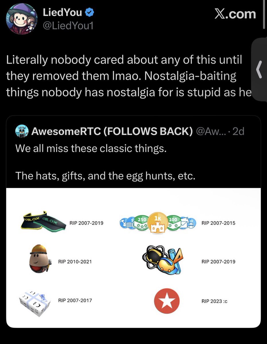 People DEFINITELY cared about Egg Hunts and Giftsplosion dude

I know a lot of people who cared about Builders Club as well, you can hate nostalgia baiting without straight up lying