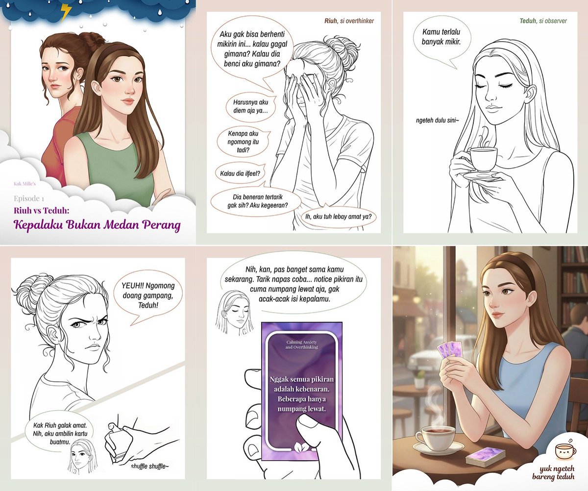 camemille's tweet photo. Pernah ga, kepala kamu rame sendiri pdhl situasinya biasa aja? #overthinking

Riuh tau banget rasanya. Pikiran nyaut pikiran lain, capek sendiri 😮‍💨

Untung ada Teduh.. Ga nyela, ga menghakimi. Cuma ngajak stop bentar &amp; tarik napas.

Ngeteh bareng Teduh: 
https://t.co/OWn9JrbeFT https://t.co/DwyfQKlqOY