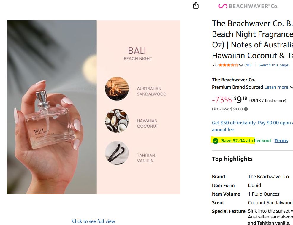 1oz The Beachwaver Co. Bungalow Bali Beach Night Fragrance only $7.16 (Reg $34) or $6.65
1. Click amzn.to/3O9FrmA add for $10.20
2. Extra discount shows at checkout automatically