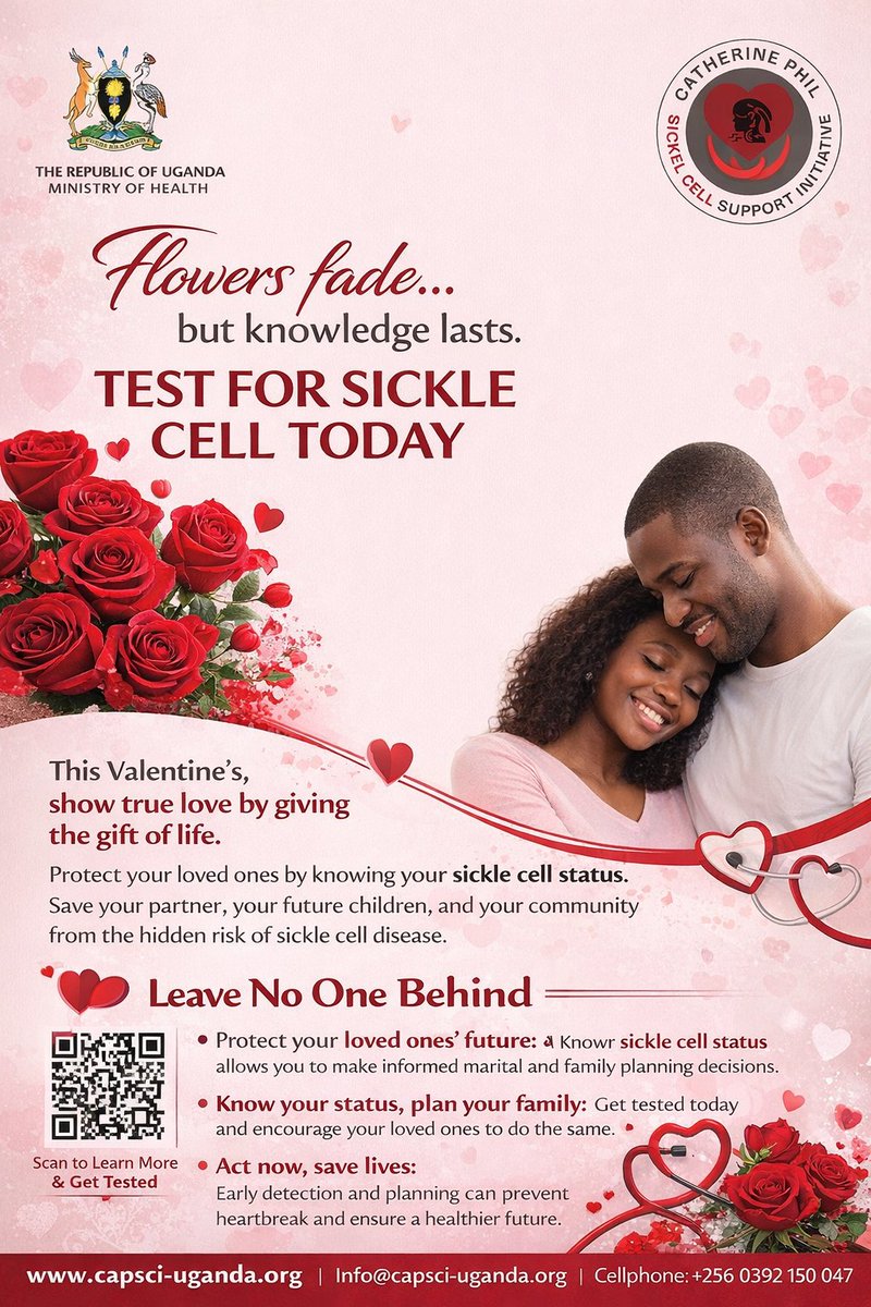 UgandaSickle's tweet photo. KNOW YOUR SICKLE CELL STATUS THIS VALENTINE’S DAY...

Flowers fade... but knowledge lasts.  Test for sickle cell this Valentine’s Day,  at all the regional centers for excellence across the country and selected private health facilities. 
Leave No On One Behind!

#knowyoursicklecellstatus 
@isupportsicklec 
@MinofHealthUG @DianaAtwine @MugenyiHenry_ @idringp @mssicklecell @ogingojoy @SickKidsNews @TexasChildrens @hemophiliafed @PatroUganda @DailyMonitor @PAU_Uganda @UNOC_UG @guguddetvuganda @mildredtuhaise @Mildred_Pedun @Sudhirntv @LindaEvelyn_N @Zahranamuli @ConquerSCD @cphluganda @mssicklecell @SickleCellUK @nextradio_ug @97fmRadiocity @RadioOneFM90 @977unityfm @dgrotaryd9213 
@SueNsibirwa @kviolet01 @Kigo7LakesGolf @rckira1 @RotaryBerkeley @d9212_ @roxie_ug @BebeCoolUG @JKanyomozi
