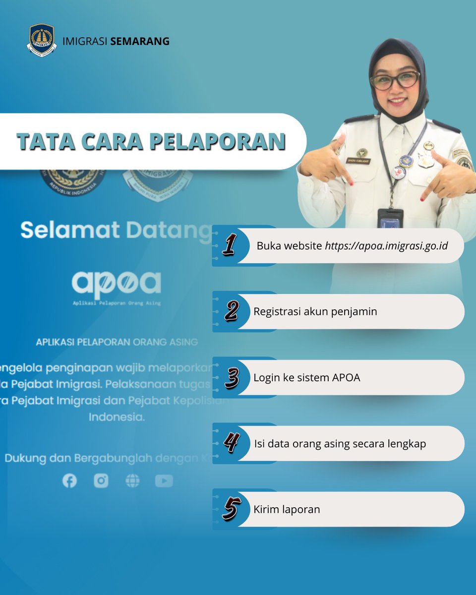 🌍 Laporkan WNA Lebih Mudah Lewat APOA!

Sahabat Imigrasi, sudah tahu belum? Kini pelaporan keberadaan dan kegiatan Warga Negara Asing (WNA) bisa dilakukan secara online melalui APOA (Aplikasi Pelaporan Orang Asing).
