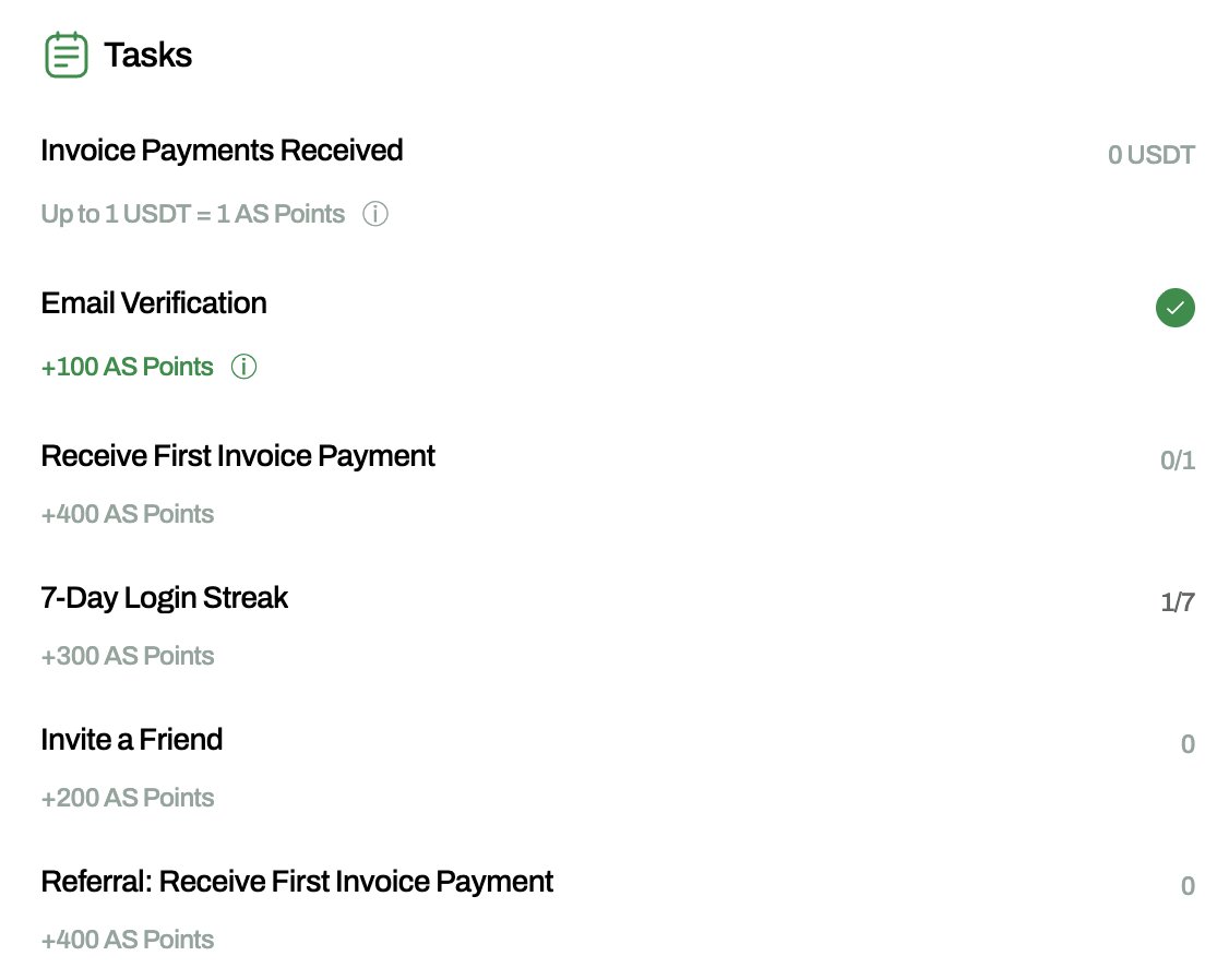 ✅ยังคง check-in อยู่ทุกวัน
โปรเจ็ค borderless digital payments แพลตฟอร์ม Fintech ยุคใหม่
<a href="/allscaleio/">AllScale</a>
ระดมทุน $5M รอบ seed round นำโดย
<a href="/yzilabs/">YZi Labs</a>
รวมทั้งหมดระดมทุนได้ $6.5M ยังอยู่แค่ช่วง Seed
ตอนนี้มี Tasks ให้เก็บแต้ม AS Day Login +300 AS Points /7 วัน นอกนั้นจะเป็น invite ทางไป: