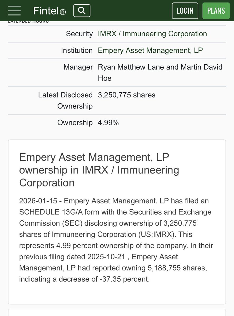 ⚠️⚠️Empery Asset Management, LP has filed an SCHEDULE 13G/A form with the Securities and Exchange Commission (SEC) disclosing ownership of 3,250,775 shares of Immuneering Corporation (US:IMRX). This represents 4.99 percent $imrx ⚠️⚠️