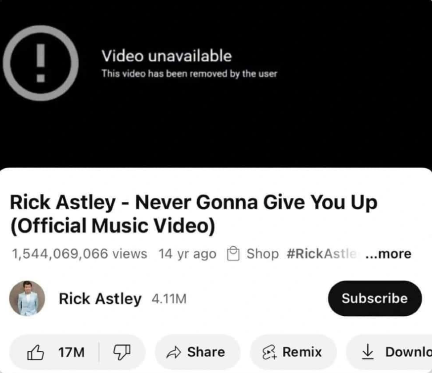 hakluke's tweet image. After 1.5 BILLION views, YouTube took the rick roll song offline and now I'm not sure what to do with my life.

youtube.com/watch?v=dQw4w9…