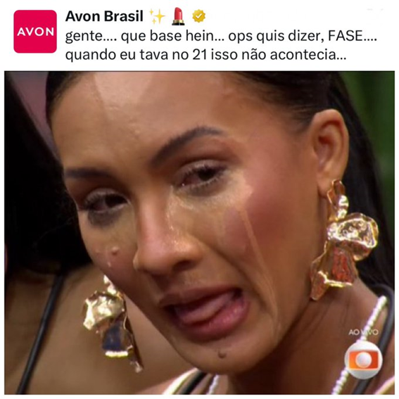 vejoefalomesmo's tweet photo. CURUZESSSSSS: Avon tirando onda com a maquiagem de Maxiane do @bbb. 🤣🤣🤣🤣🤣#BBB26 #RedeBBB https://t.co/DfohRm7lrY