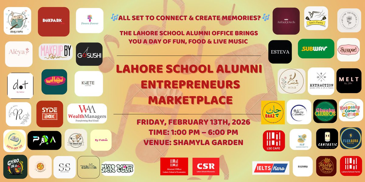 Lahore_School's tweet photo. Lahore School Alumni Entrepreneurs Marketplace - 13 February 2026. Come and enjoy live music, explore alumni and student businesses, and bring your family — we have a dedicated kids’ area too. Let’s celebrate together, right where it all began. https://t.co/dek5eEsjt4