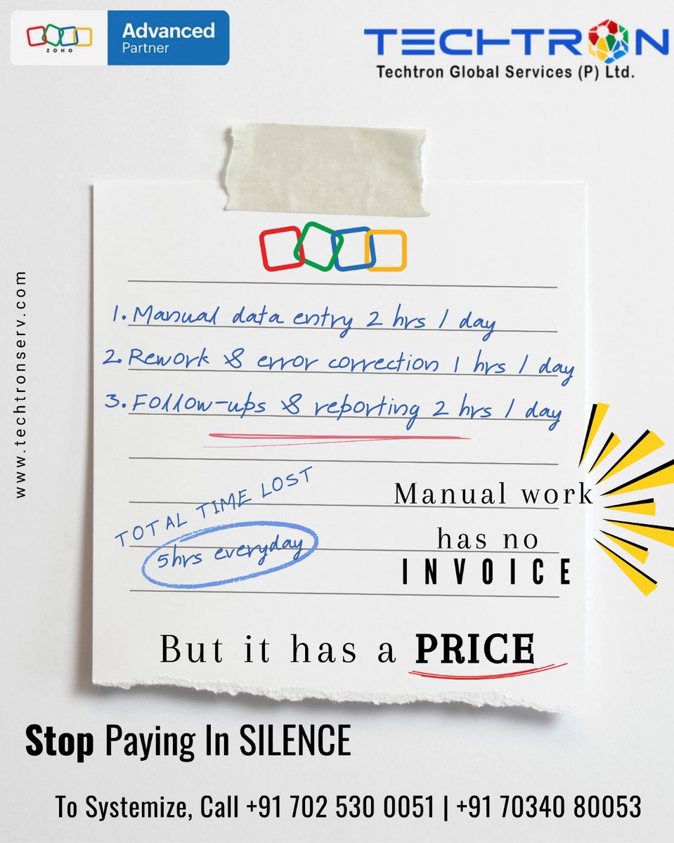 TechtronServic1's tweet photo. Manual work has no invoice, but it has a massive price tag. 🏷️
Are you losing 5 hours a day to "busy work"? It’s time to systemize and scale. 🚀
Call us at +91 702 530 0051 to reclaim your time.
#Zoho #Automation #BusinessGrowth #Techtron https://t.co/lxVciGdNnA