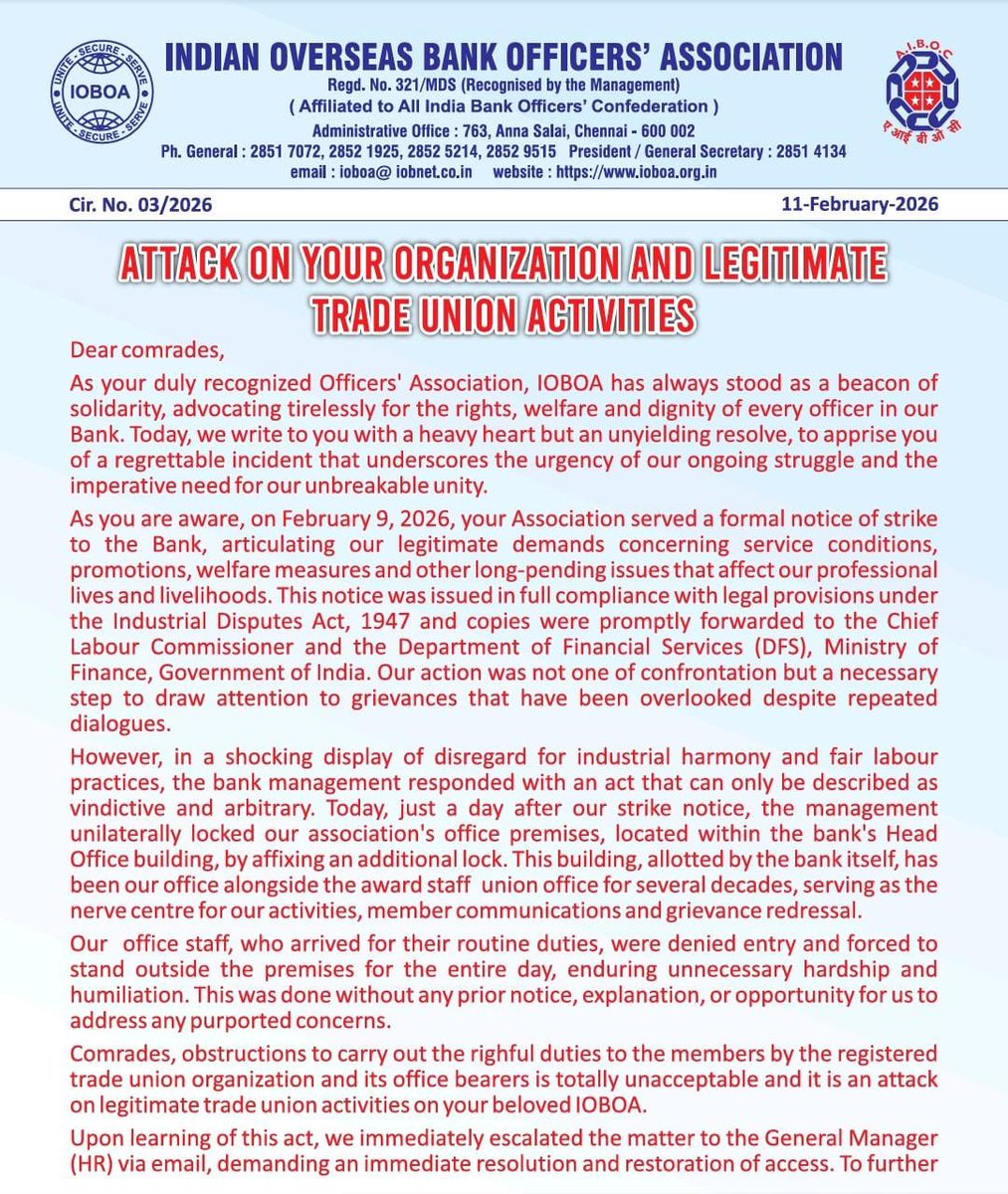 iNitinTyagi's tweet photo. IOB Management locked the officially recognised Officers’ Association office just a day after a lawful strike notice.

No discussion. 
No notice. 
Staff humiliated. 
Dialogue denied. 
Only intimidation.

This is not administration. This is vendetta and a direct attack on democratic trade union rights and the collective voice of bank officers.

We demand the immediate UNLOCKING of the Association office.
We urge @DFS_India @FinMinIndia @LabourMinistry to intervene and restore access without delay.

All banking unions must stand together today because if one union office can be locked, tomorrow it can be yours too.

जलते घर को देखने वालों फूस का छप्पर आपका है
आपके पीछे तेज़ हवा है आगे मुकद्दर आपका है
उस के क़त्ल पे मैं भी चुप था मेरा नम्बर अब आया
मेरे क़त्ल पे आप भी चुप है अगला नम्बर आपका है

@IOBIndia You may lock doors but you cannot silence unity. Officers are watching. We will not be bullied.

#UnlockIOBOAOffice #UnionRights #BankOfficers #TradeUnionRights #bankersvoice