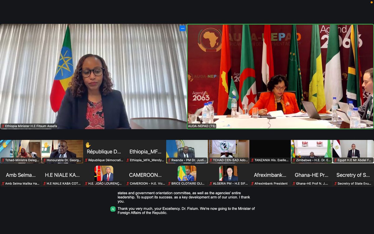 MFAEthiopia's tweet photo. The 43rd ordinary session of the African Union Development Agency (#AUDA- #NEPAD) Heads of State and Government Orientation Committee (#HSGOC) was held virtually on the margins of 48th Executive Council meeting and the 39th Ordinary Session of the @_AfricanUnion Assembly. The session reviewed #Agenda2063 progress and renewed key mandates. Click on the link below for more: https://t.co/zkELBrY3vh