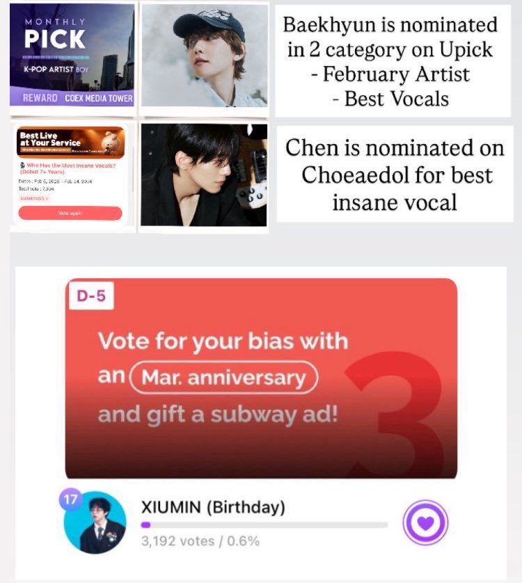 [ 🗳️ CBX ONGOING VOTING]

- calling everyone attention to vote our cbx in 3 different apps 

📲 vote chen on Cheoaedol 
📲 vote baekhyun on Upick
📲 vote xiumin on Mubeat 

if you cant vote and want to donate just send a message to <a href="/CBX_Unite/">CBX UNITE ✨</a> for their donation drive