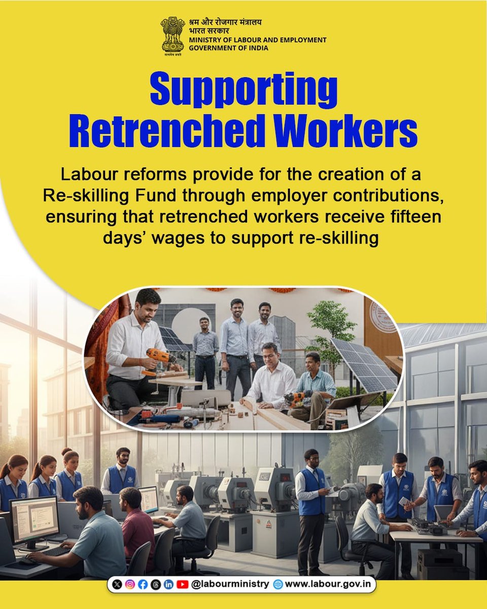 IFCI_LTD's tweet photo. Re-skilling today. Resilience tomorrow.Labour reforms strengthen workforce adaptability by supporting retrenched workers
through employer-funded re-skilling initiatives and assured financial assistance.

# LabourReforms4NewIndia https://t.co/rDeWZELwXL