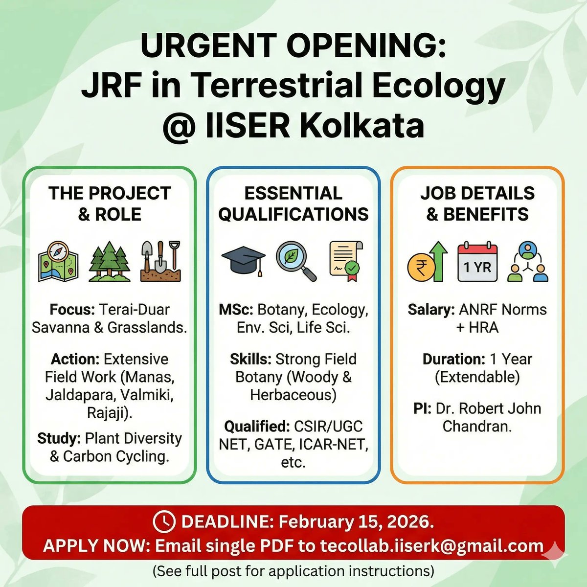 Headline: 🌿 Junior Research Fellow (JRF) Opportunity at IISER Kolkata | Terrestrial Ecology &amp; Carbon Cycling 🌏
📧 How to Apply: Visit here to see details: lnkd.in/gt_trA6q
#JRFopening #JRFjob #IISERKolkatajob #jobsforphd