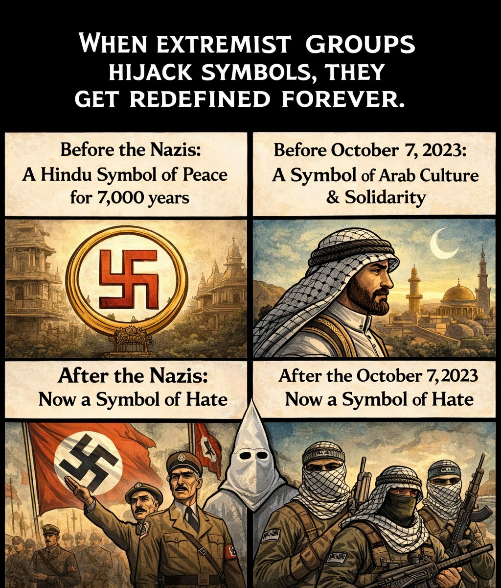 The swastika was a sacred Hindu symbol for 7 thousand years until the #Nazis turned it into an emblem of #genocide. October 7 #Hamas terrorists wore #keffiyehs while murdering, raping, &amp; kidnapping #Jews. When a symbol becomes part of the uniform of a massacre its meaning changes