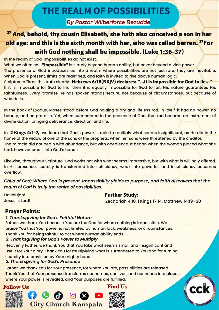 citychurchkla's tweet image. Child of God; Where God is present, impossibility yields to purpose, faith discovers that the realm of God is truly the realm of possibilities.

Tap on the link 👇for full devotion 
whatsapp.com/channel/0029Va…

#TheRealmOfPossibilities
#CckDailyDevotion
#NothingMissingNothingBroken