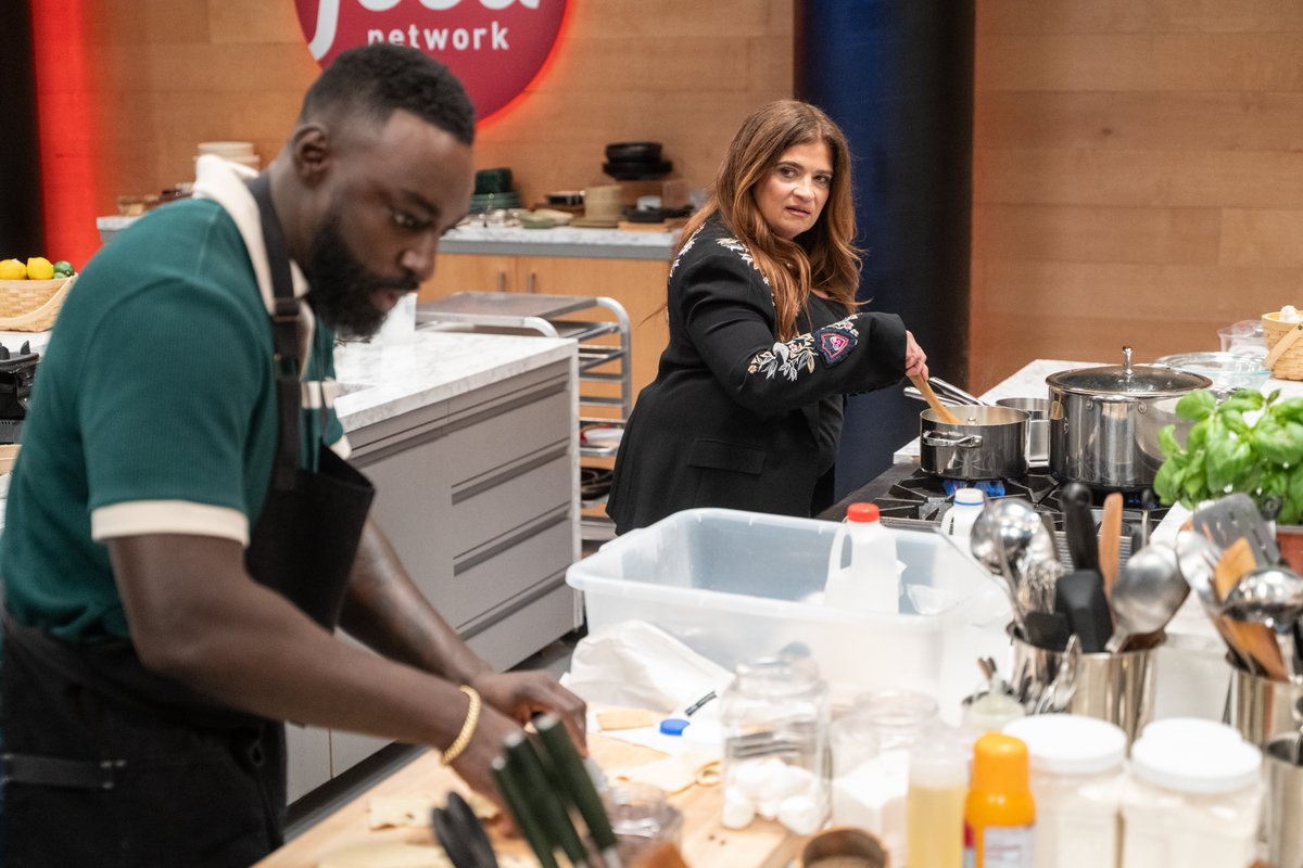 FoodNetwork's tweet photo. For @chefadjepong, it's all fun and games on #WildcardKitchen until someones turns the table on him, and that's exactly what's happening tonight 😂 @guarnaschellil is challenging Eric to put his money where his mouth is by competing for the first time ever! Tune in tonight @ 9|8c.