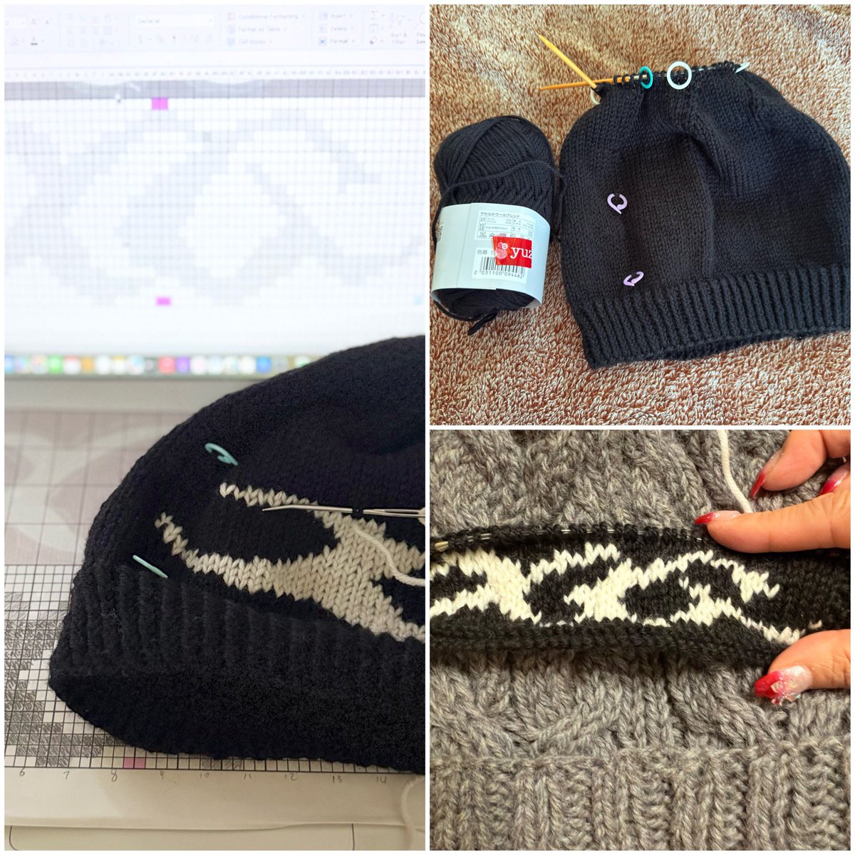 dustjacketdiva's tweet image. まさか、この私が推しグッズを作る日が来るとはね……笑

編み込み初挑戦、エクセルでロゴ作成→往復編みスワッチでは気づかなかったけど、輪編みのワンポイント編み込みは難しいと判明→後から刺繍するduplicate stitchに変更→紆余曲折の末、なんとか完成💦

#XG #編み物 #knitting