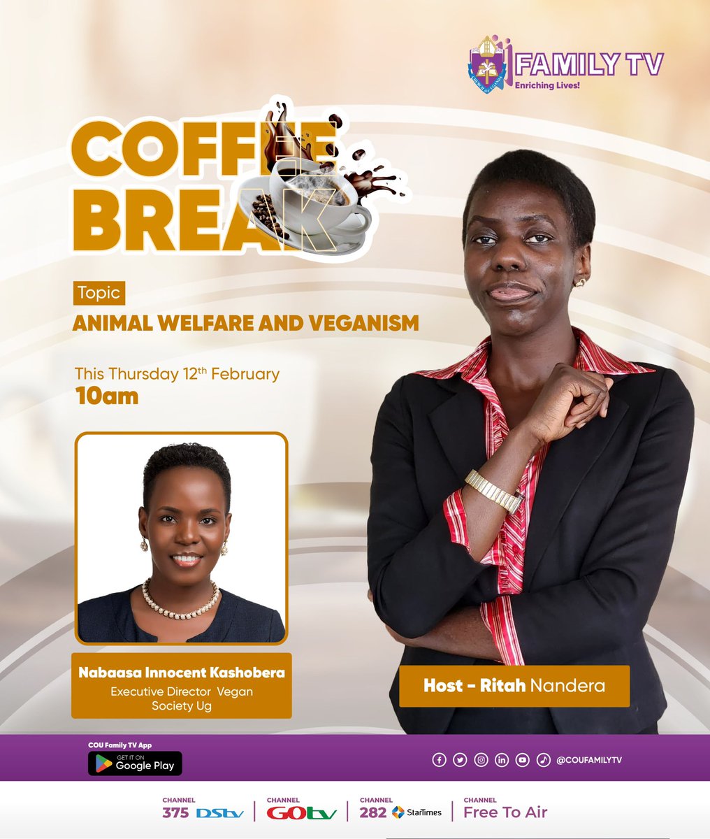 NabaasaInnocent's tweet image. I will be live on @coufamilytv today at 10AM on the #CoffeeBreak show, hosted by Rita Nandera.
We’ll be discussing animal welfare, veganism, and the work we do at @VeganSocietyUg to protect animals and promote compassionate, plant-based living.
Tune in

DSTV 385 Startimes 282