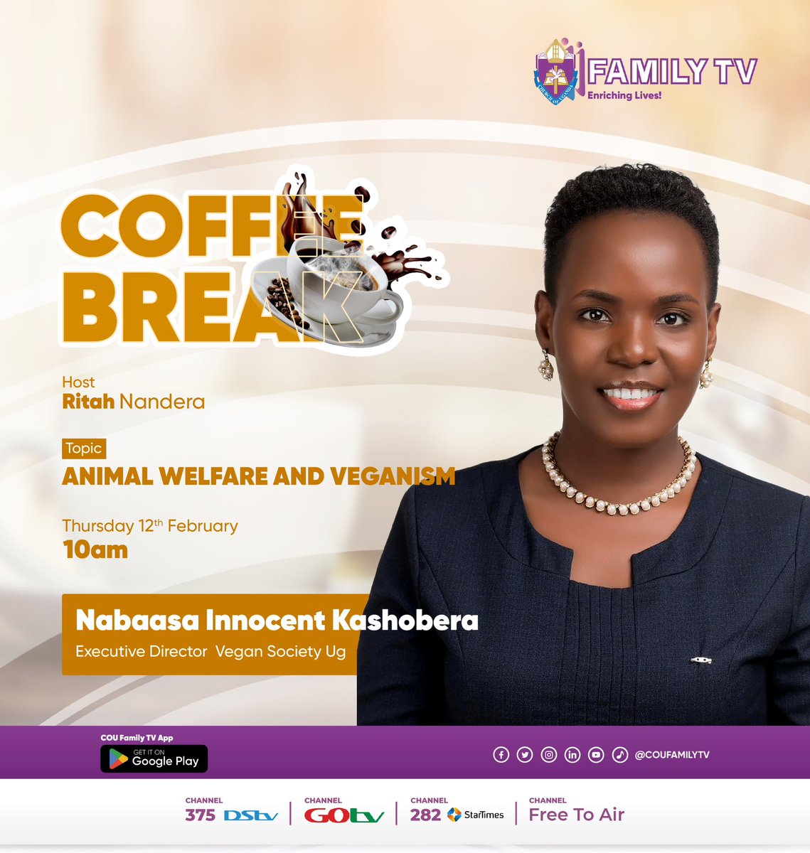NabaasaInnocent's tweet image. I will be live on @coufamilytv today at 10AM on the #CoffeeBreak show, hosted by Rita Nandera.
We’ll be discussing animal welfare, veganism, and the work we do at @VeganSocietyUg to protect animals and promote compassionate, plant-based living.
Tune in

DSTV 385 Startimes 282