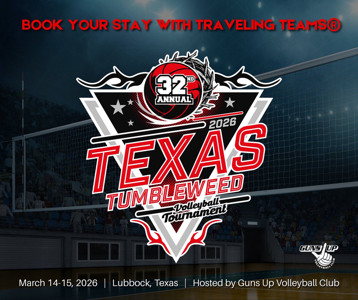 GunsUpVB's tweet photo. Texas Tumbleweed is right around the corner🏐

We’ve partnered with TRAVELING TEAMS® to secure discounted room blocks at a variety of tournament approved hotels close to our venues. Visit the Tumbleweed page for details and a link to book. 

🔗 https://t.co/nlKar8VRP2 https://t.co/i7KkblTFut