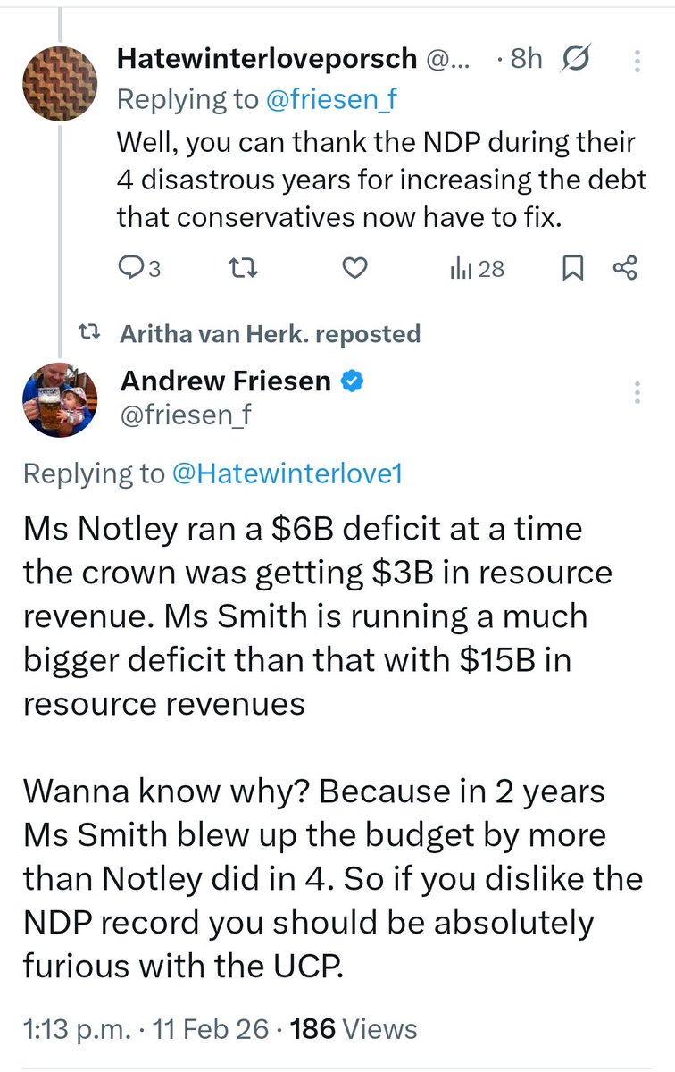 audricmoses's tweet image. If your idiot friend from high school spouts the tired "BUT NOTLEY AND THE DIPPERS BANKRUPTED US WITH HUGE DEFICITS!" talking point, just send them over to @friesen_f. He's always got numbers in his back pocket.

PS: the UCP are not fiscally conservative

#ableg